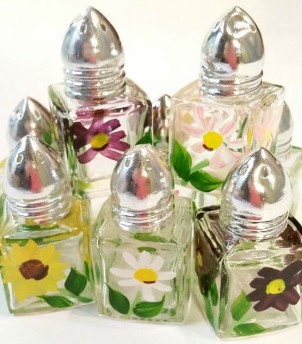 8  MINIATURE MINI Square Salt &amp; Pepper Shaker Set Glass Floral *~