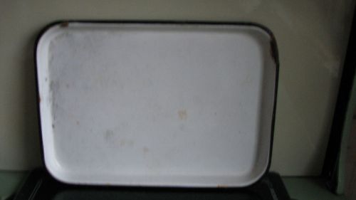 Vintage white w black trim   enamelware tray....great display  piece.....l@@k! for sale