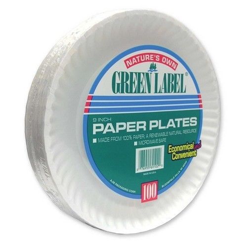 AJM Packaging Corporation Paper Plates, Green Label, 9&#034; Plate, 1200/CT, White