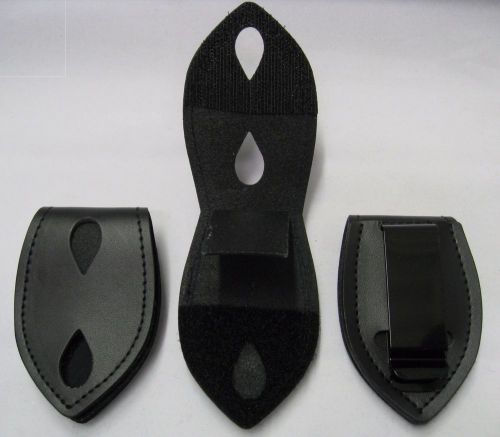 Tear drop shape black leather police badge holder with belt clip for sale
