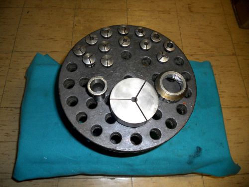 Vintage collet rack w/ 3-at collets, nose piece, spindle cap from atlas lathe for sale