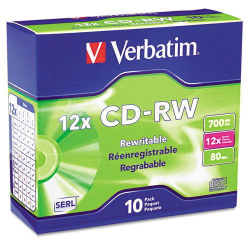 CD-RW Discs, 700MB/80min, 12x, w/Slim Jewel Cases, Silver, 10/Pack