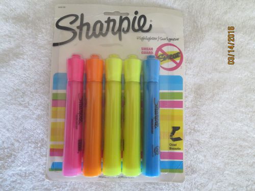 New Sharpie Highlighter 5 pack Chisel Tip 1810866 Smearguard, blue, pink yellow+