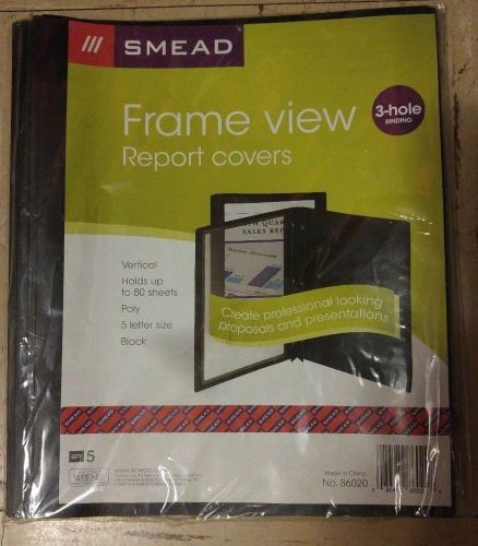 5 PK Smead Frame View Report Cover, 3- 1/2&#034; Fasteners, Black Poly  #86020