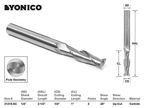 Yonico 31215-SC Yonico 31215-SC CNC Router Bit Up Cut Solid Carbide 1/4&#034; X 1&#034; X