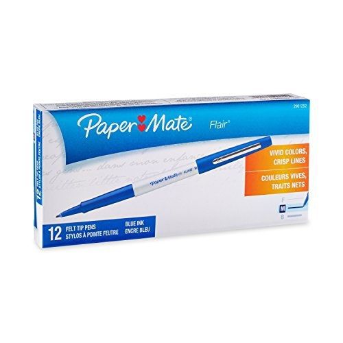 Paper Mate Flair Porous-Point Felt Tip Pen, Medium Tip, 12-Pack, Blue with White