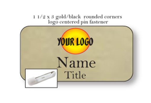 1 gold black name badge color logo centered 2 lines of imprint pin fastener for sale