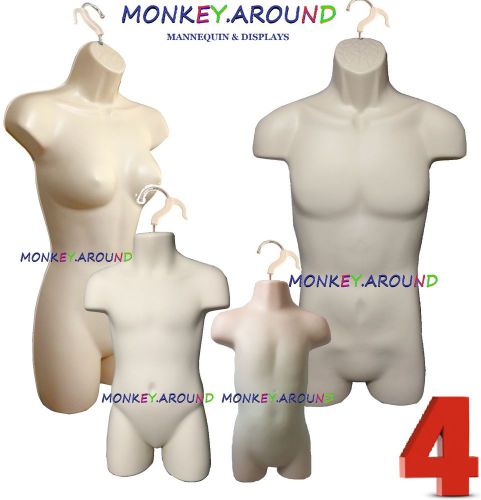 4 MANNEQUIN FLESH DRESS BODY DISPLAY FORMS MALE FEMALE CHILD TODDLER +4 HANGERS