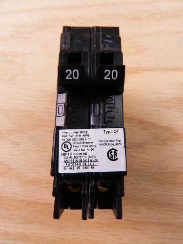 Siemens ite q2020nc dual circuit breaker 20 amp 120/240 amp type qt for sale