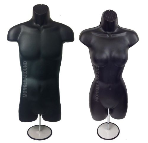 2 Mannequin Female Male Black Body Form +2 Hooks +2 Stand - Display Clothing NEW