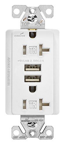 Cooper wiring devices tr7756w-box 20 amp 125v combination usb 3.1a charger with for sale