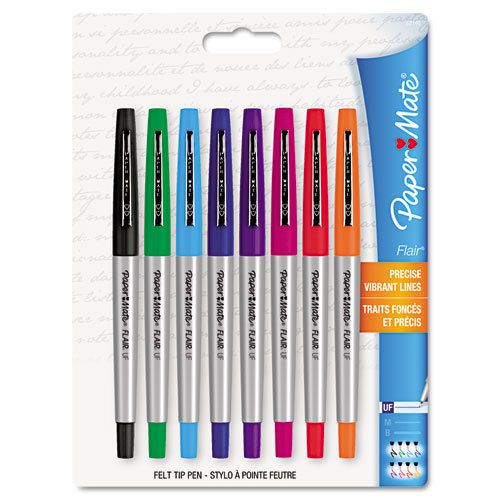 Flair Porous Point Stick Liquid Pen, Assorted Ink, Ultra Fine, 8/St