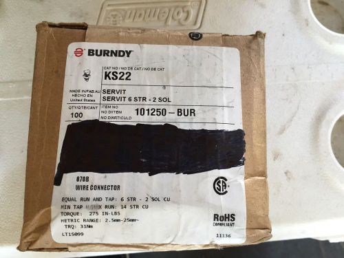 (Lot of 100) BURNDY KS22 DB Copper Split Bolt, Cu: 6 AWG (Str)-2 AWG (Sol) - NEW