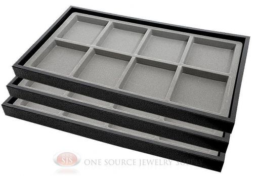 (3) Black Plastic Stackable Trays w/8 Compartments Gray Jewelry Display Inserts