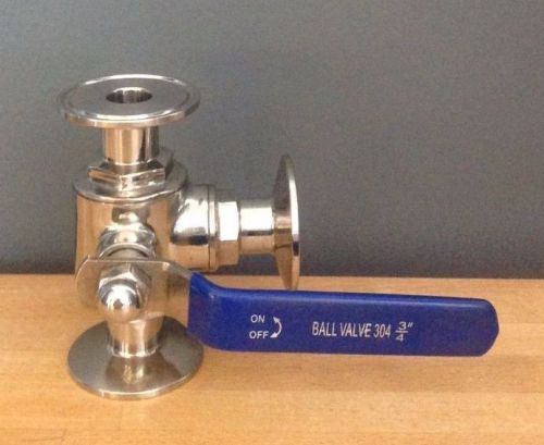 3/4&#034; Three Way 1.5&#034; Tri Clamp Ball Valve L Flow  304 SS, SUS304 Homebrew Beer