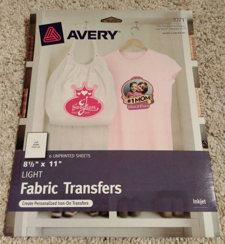 Pack of 6 avery 3271 iron-on t-shirt light fabric transfers 8 1/2&#034; x 11&#034; new for sale