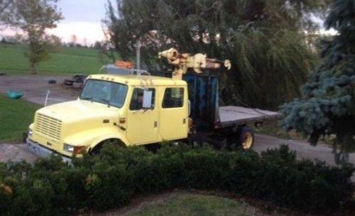 1998 International 4700 LP Crew Cab Flatbed Dump Truck with Crane