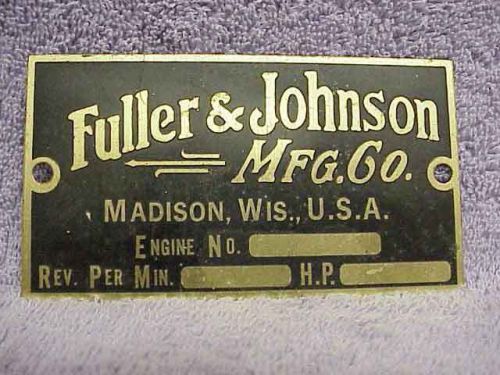Vintage Unused FULLER &amp; JOHNSON MFG CO Hit Miss Stationary Engine Name Plate