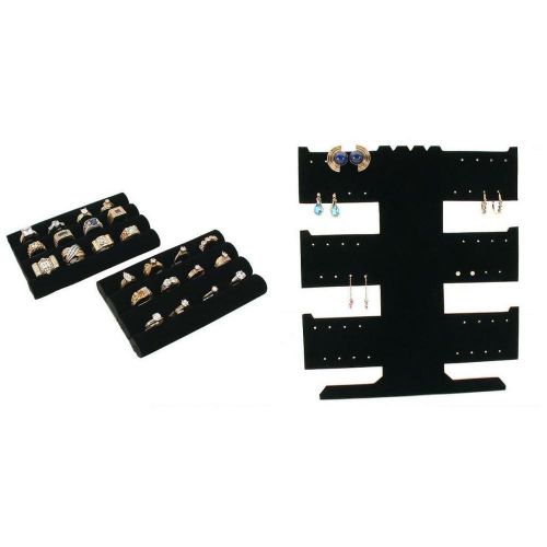 Balck Velvet Ring Pad Tray Insert &amp; Flocked T-bar Jewelry Display Stand 3 Pcs