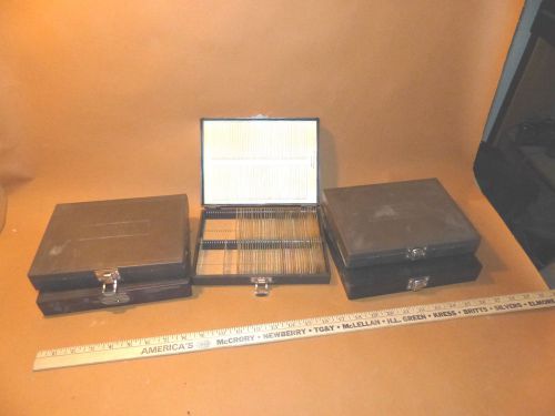 Vintage plastic slide cases with prepared microscope slides 25x75m used for sale