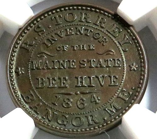 BANGOR MAINE  &#034; MAINE STATE BEEHIVE  &#034;  100A-2a  NGC  MS-64  SNGL MERCHANT STATE