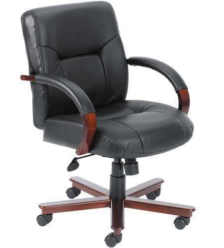 CONFERENCE CHAIR Mid-Back Leather Office Meeting Room Mahogany Wood Contemporary