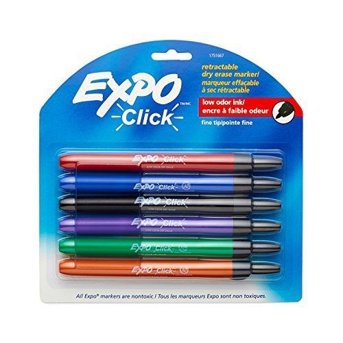 Expo Click Retractable Low-Odor Dry Erase Markers, Fine Point, 6-Pack, Assorted