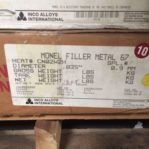 INCO ALLOYS Monel Filler Metal 67 ERCuNi .035&#034; 18 lbs spool Mig Wire