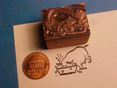 CUTE! PIG Hog Swine Boar Eating CARICATURE - CARTOON Letterpress printers block