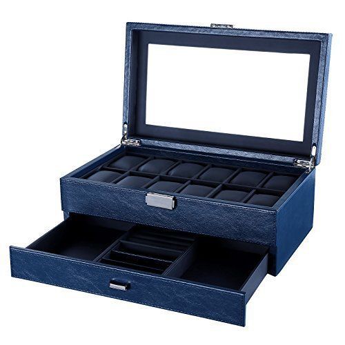 Songmics watch box leather 12 mens watch organizer jewelry display case blue ... for sale
