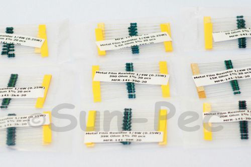 Metal film resistor assorted kit 50 values x 20 pcs 1% 1/4w 0.25w 1000pcs new for sale