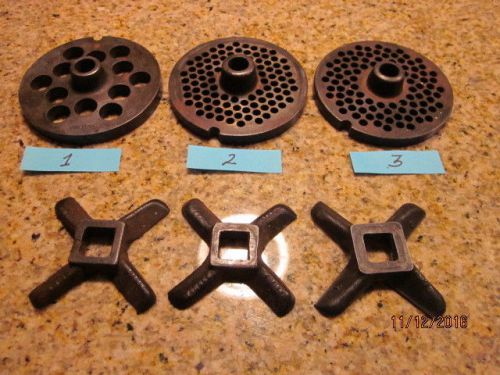 3 Vintage Meat Grinder Plates with Hubs and 3 Blades