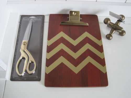 Lot of 3 Wooden Clipboard Gold Scissors Jack Paperweight Chevron Xmas Modern New