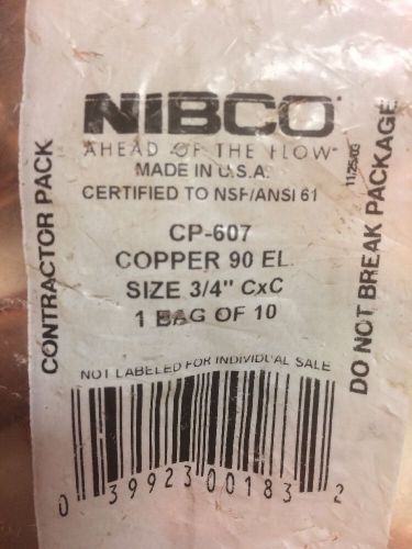 Bag of 10 nibco 3/4&#034; copper 90 degree elbows c x c (cp607) for sale