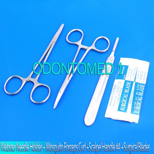 WEBSTER NEEDLE HOLDER 5&#034;+MOSQUITO FORCEPS CRV 5&#034;+SCALPEL HANDLE #4+5 BLADES #24