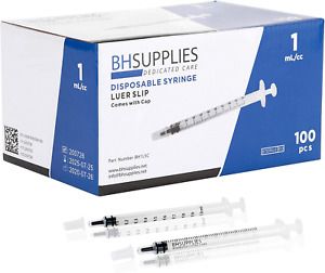 1ml Sterile Luer Slip Tip Syringe - with Covers -100 Syringes by BH Supplies (No