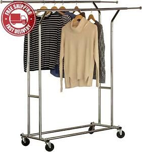 DecoBros Supreme Commercial Grade Double Rail Garment Rolling Rack, Chrome Finis