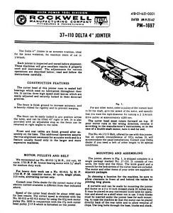 Rockwell Delta 37-110 4 Jointer Instruction Operator Maint Manual PM-1697