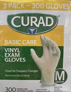 300 COUNT Curad Basic Care Vinyl Exam Gloves Disposable MEDIUM Latex Free