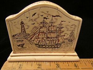 VINTAGE SCRIMSHAW CLIPPER SHIP BUSINESS CARD HOLDER