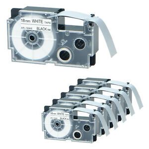 6PK Black Ink White Tape Cartridge EZ-Label Fits Casio XR-18WE 3/4&#034; 18mm
