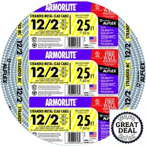12/2 Stranded CU MC (Metal Clad) Armorlite Cable 25 Ft Building Electrical Wires