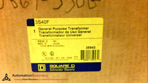 SQUARE D 3S40F TRANSFORMER DRY 1PHASE 480V-120/240V 3KVA, NEW