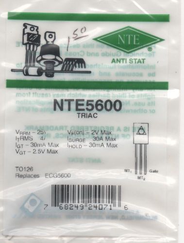 Anti Stat NTE5600TRIAC Vrrm-25 Replaces ECG5600 N Guage 2 V Max 30A max