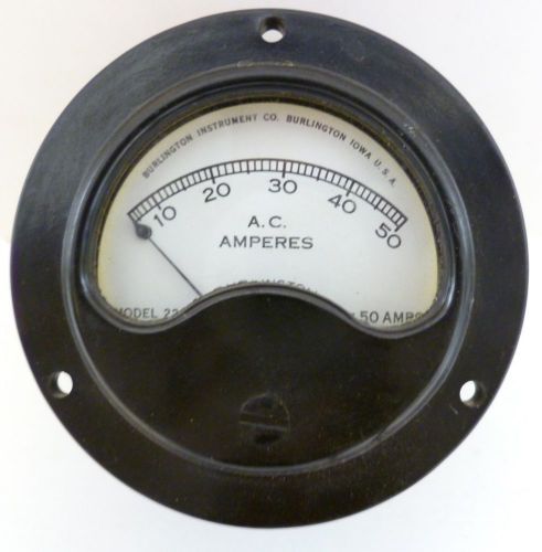 Burlington Inst. Co Meter, Model 22C 0-50 AC Amperes, for 2-3/16&#034; Hole Vtg