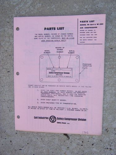 1966 quincy model w-264 w-280 air compressor parts list record of change 34  r for sale