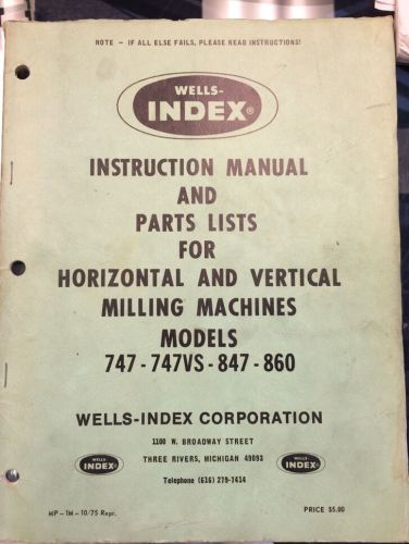 INDEX-Wells Horizontal/Vertical Mill Manual 747 747VS 847 860