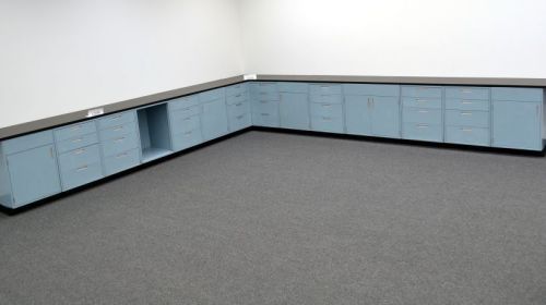 33&#039; used blue hamilton laboratory cabinets w/ industrial grade counter tops for sale