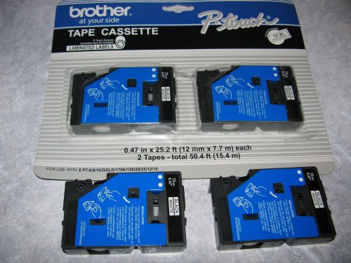 (4) BROTHER P-TOUCH TAPE LABEL CASSETTE TC-20 BLACK ON WHITE 12MM 1/2&#034; LABELS