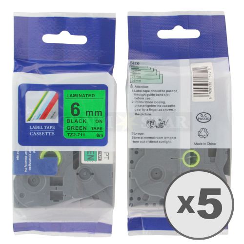 5pk black on green tape label compatible for brother p-touch tz tze 711 6mm 1/4&#034; for sale